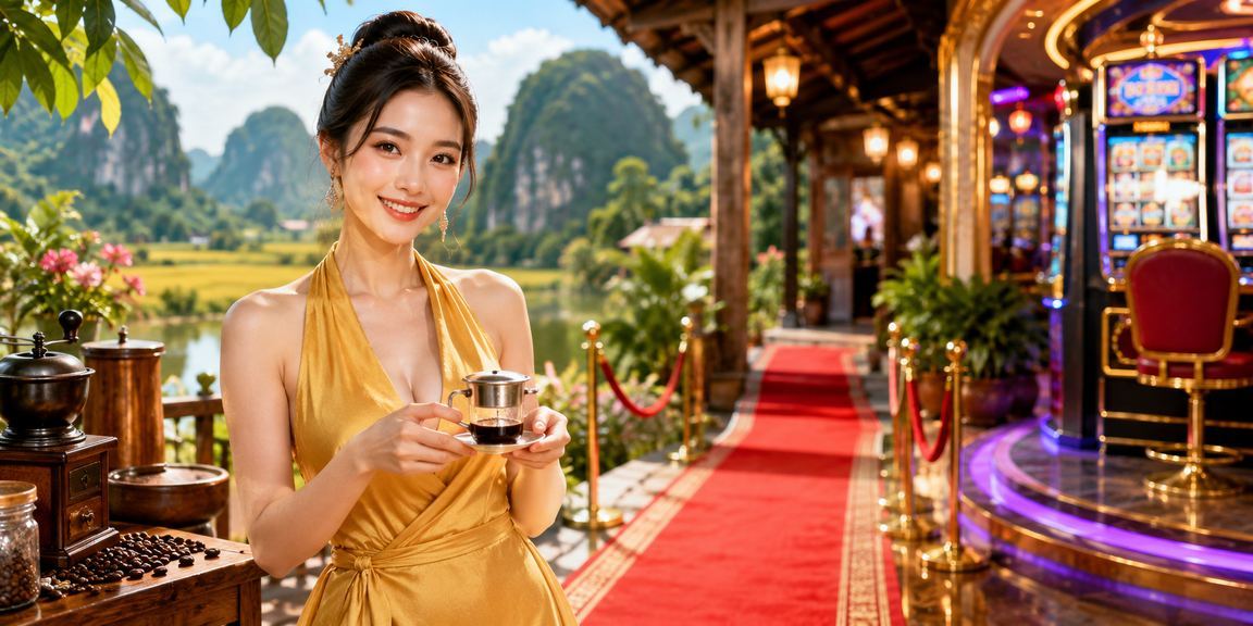 Người chơi tại Ninh Bình thư giãn với slot game và cà phê trong không gian yên tĩnh
